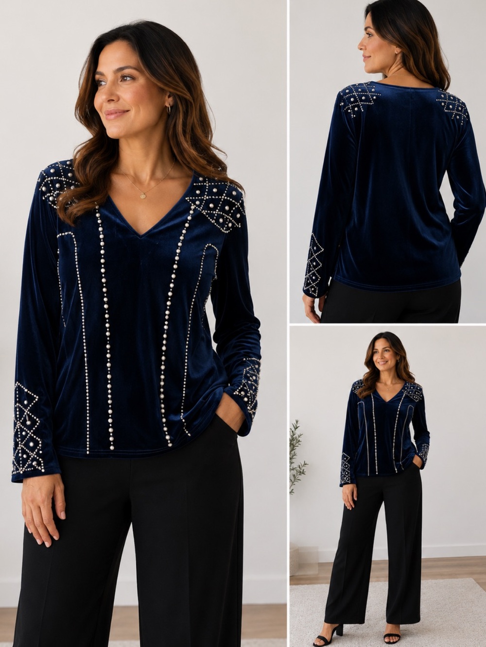K Jordan Blue Embellished Blouse pearls detail size L